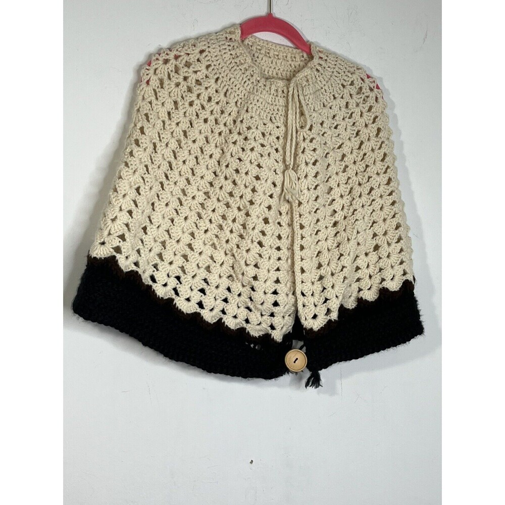 Vintage Handmade Crocheted Shawl Cape Fringe Granny Core Hippie Boho 70s